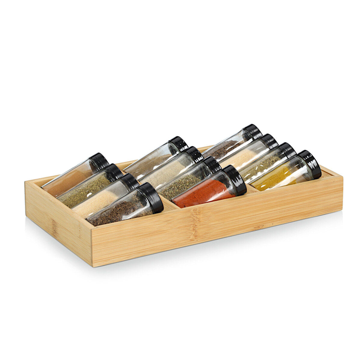 ZELLER 25675 Gewürzeinsatz-Set mit 12 füllbaren Gläsern, Glas/Bambus, 13-tlg., ca. 38 x 20 x 9 cm