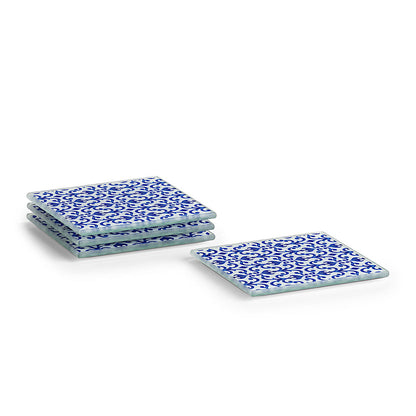 ZELLER 26329 Glasuntersetzer-Set MAROKKO 4-tlg, Glas, blau/ weiß, 10 x 10 cm