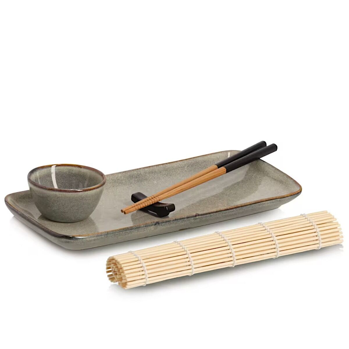 ZELLER 26514 Sushi-Set, 5-tlg., Steingut/Bambus, ca. 28 x 14 x 2,5 cm, Ø 7 x 4 cm