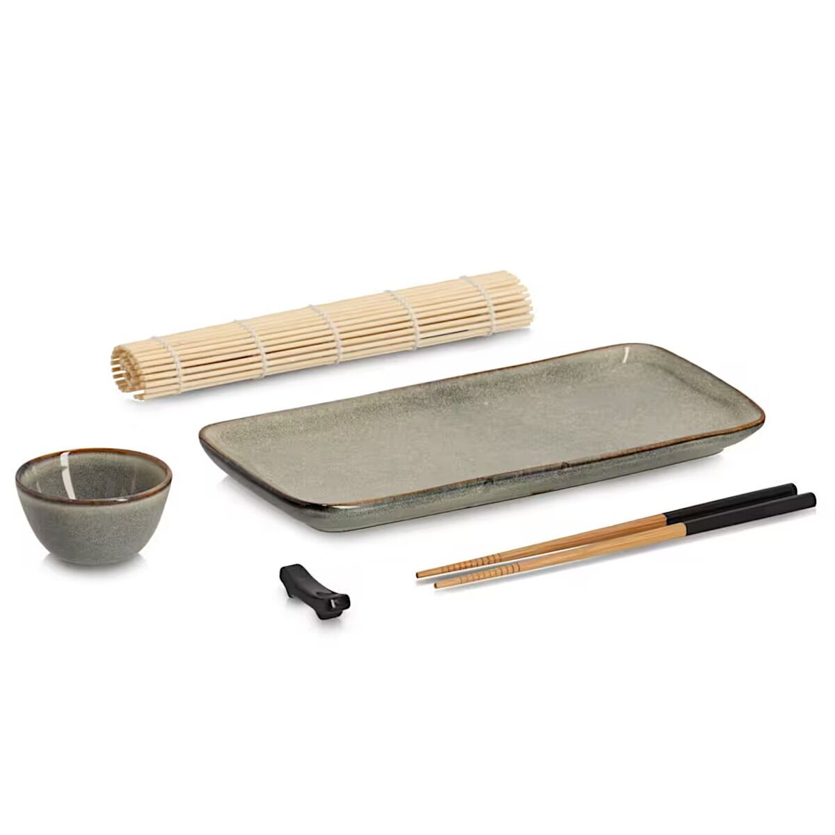 ZELLER 26514 Sushi-Set, 5-tlg., Steingut/Bambus, ca. 28 x 14 x 2,5 cm, Ø 7 x 4 cm
