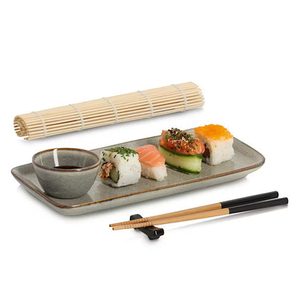 ZELLER 26514 Sushi-Set, 5-tlg., Steingut/Bambus, ca. 28 x 14 x 2,5 cm, Ø 7 x 4 cm