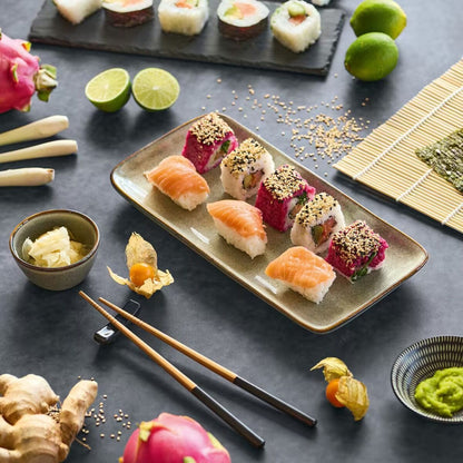 ZELLER 26514 Sushi-Set, 5-tlg., Steingut/Bambus, ca. 28 x 14 x 2,5 cm, Ø 7 x 4 cm