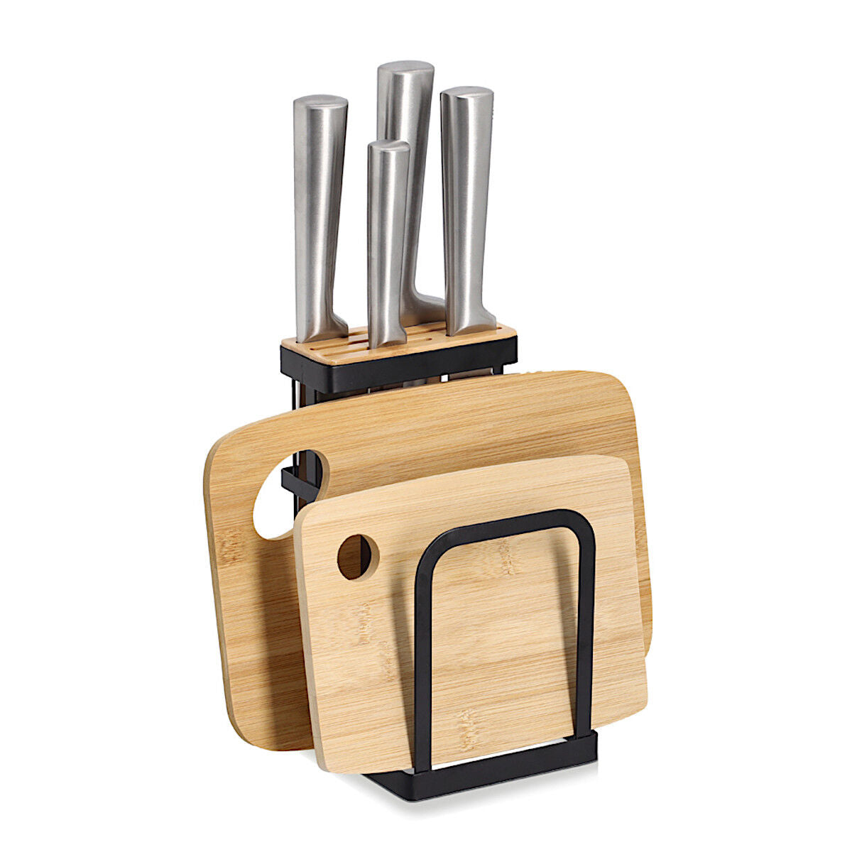 ZELLER 27455 Messerblock mit Brettchenständer, Metall/Bambus, ca. 12 x 14 x 22 cm
