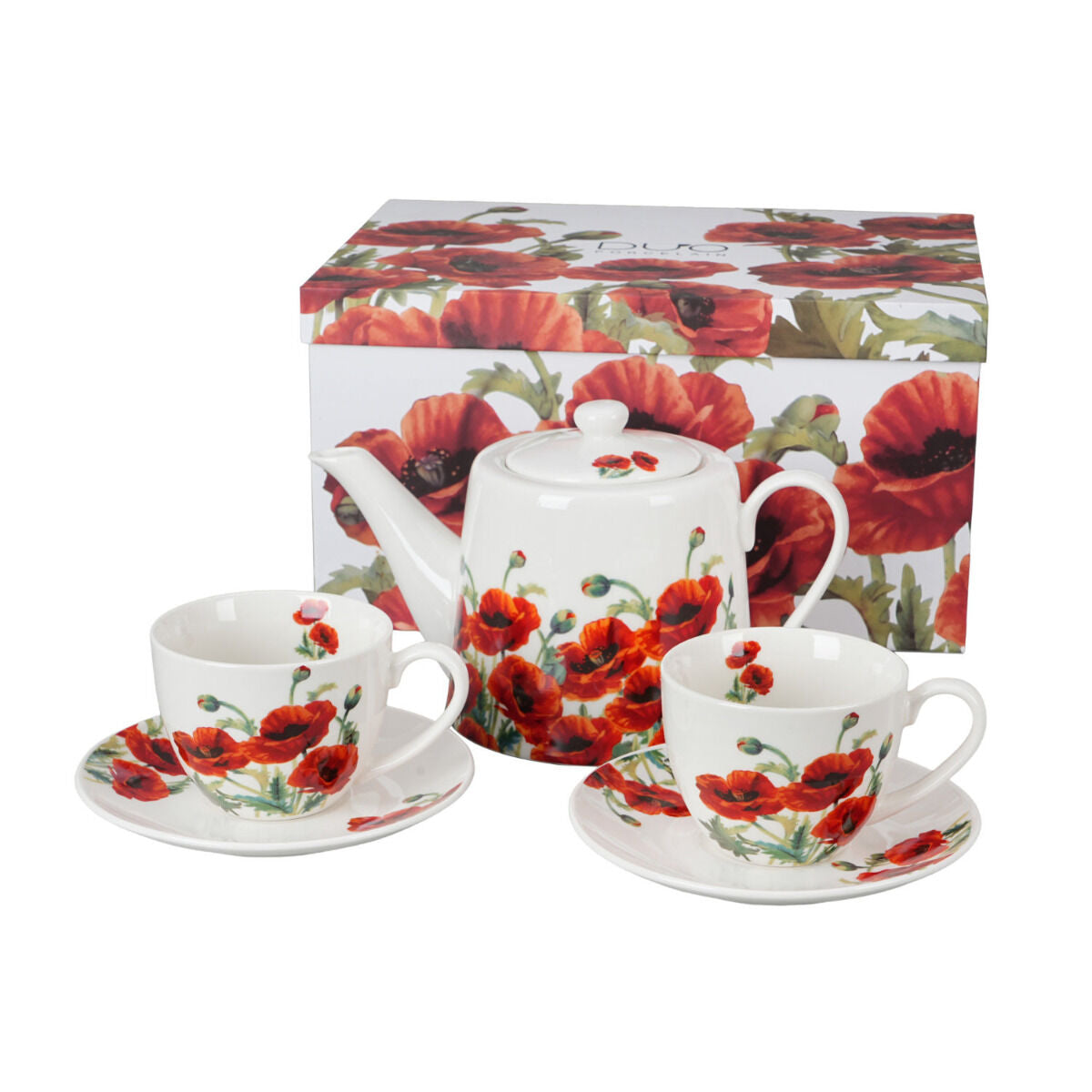 DUO FLORAL Set aus Teekanne, Edelstahl-Sieb und zwei Tassen mit Untertassen CLASSIC POPPIES New Bone China Porzellan