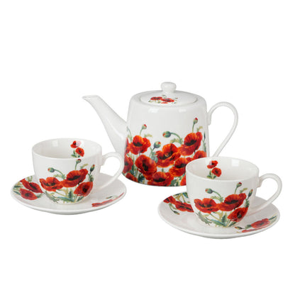 DUO FLORAL Set aus Teekanne, Edelstahl-Sieb und zwei Tassen mit Untertassen CLASSIC POPPIES New Bone China Porzellan – Bild 2